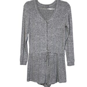 Aerie Womens Heather Grey Long Sleeve Button Front Drawstring Knit Romper Size M